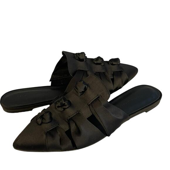Rebecca Minkoff Black Satin Knotted Slides Flats Party Shoes Slippers 7.5B - Picture 1 of 8